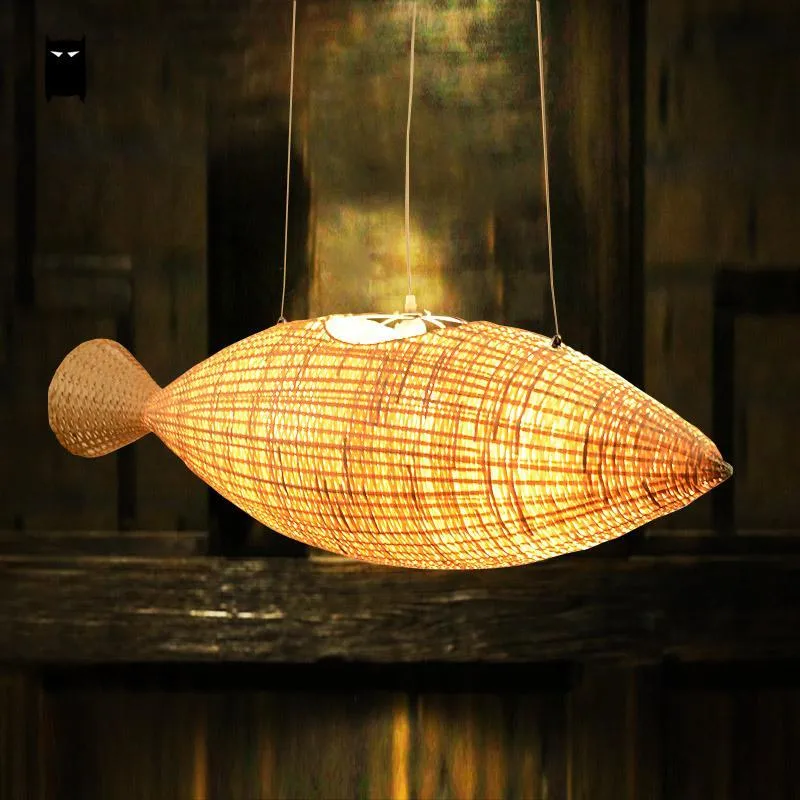 Chandeliers Bamboo Wicker Rattan Fish Chandelier Light Fixture Art