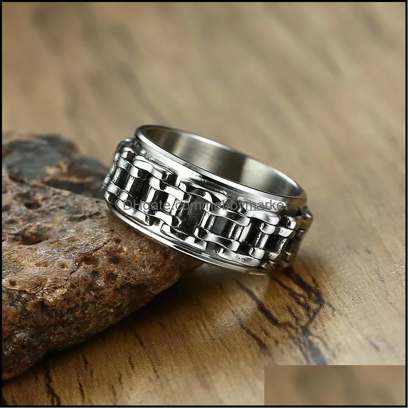 Hip Hop Men Ring Motorcycle Biker Bicycle Chain Stainless Steel Wedding Spinner Rock Male Jewelry