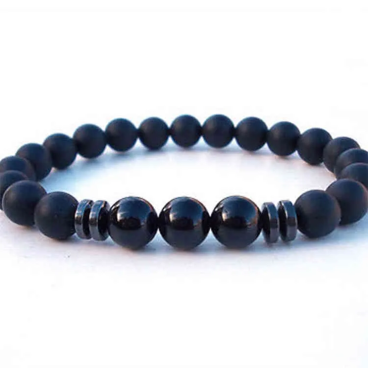 Wholale Bead Bracelet of Natural Black Matte Agate stone & Black Tourmaline