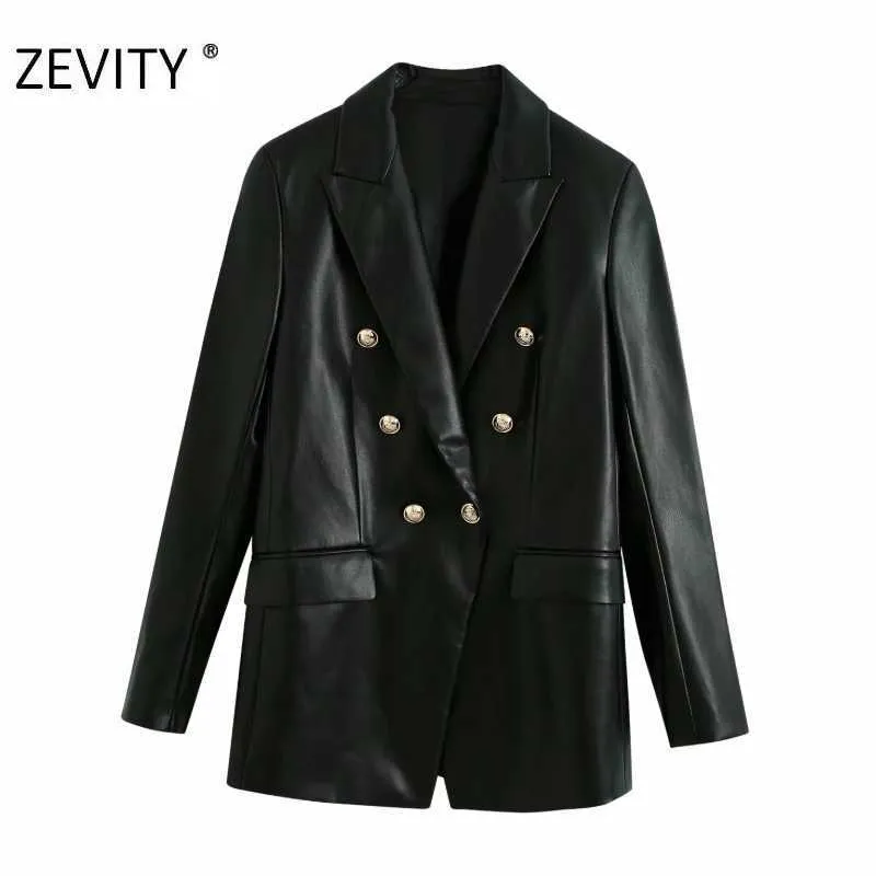 Zevity Women Fashion Double Breasted Black PU Läder Blazer Coat Office Långärmad Outwear Suit Coat Höst toppar CT589 210603