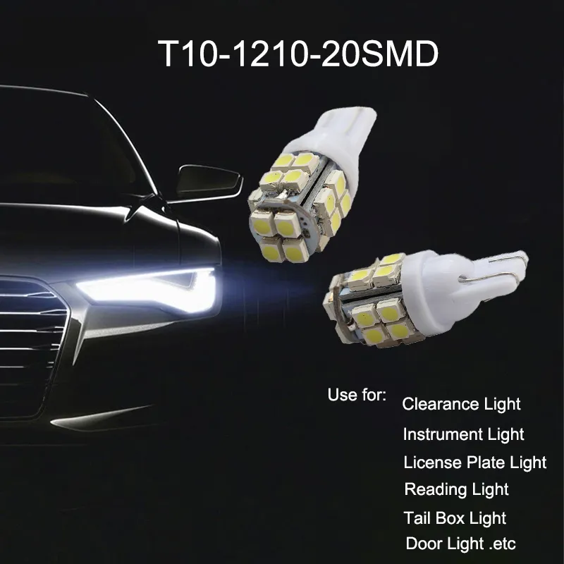 Ampoules LED blanches T10 1210 20SMD W5W 194 3528, pour voiture, indicateur de largeur de dégagement, lampes de lecture de plaque d'immatriculation, 12V, 50 pièces/lot