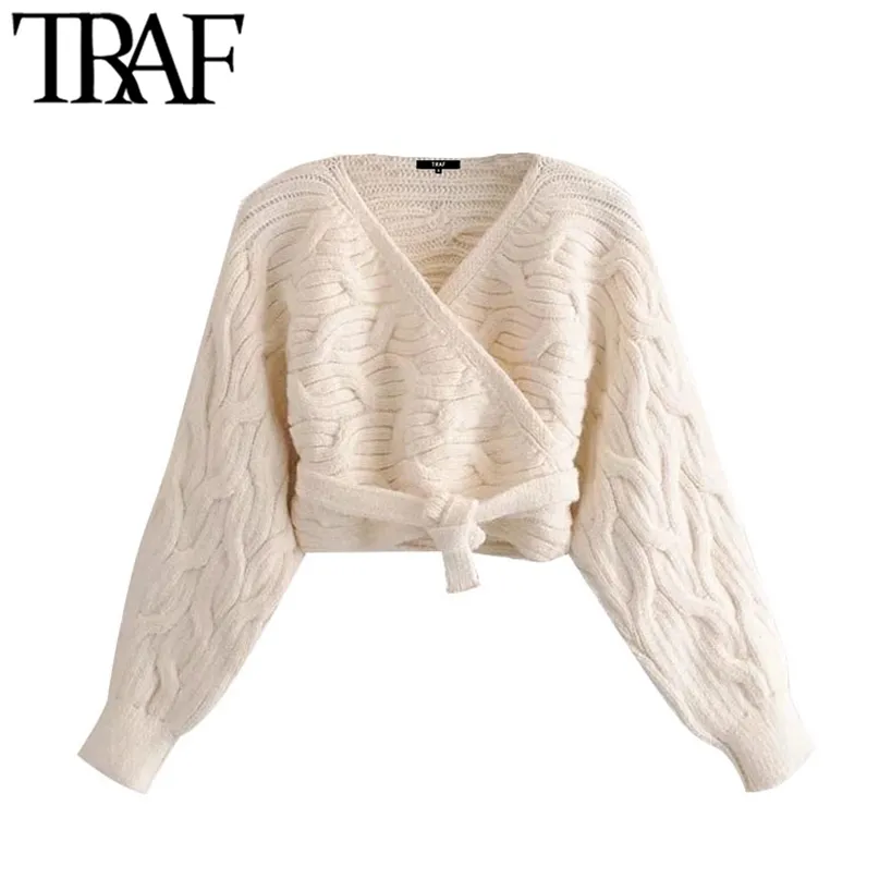 TRAF Women Fashion Wrap Tied Hem Cropped Cable-Knit Cardigan Sweater Vintage Long Sleeve Female Outerwear Chic Tops 211011