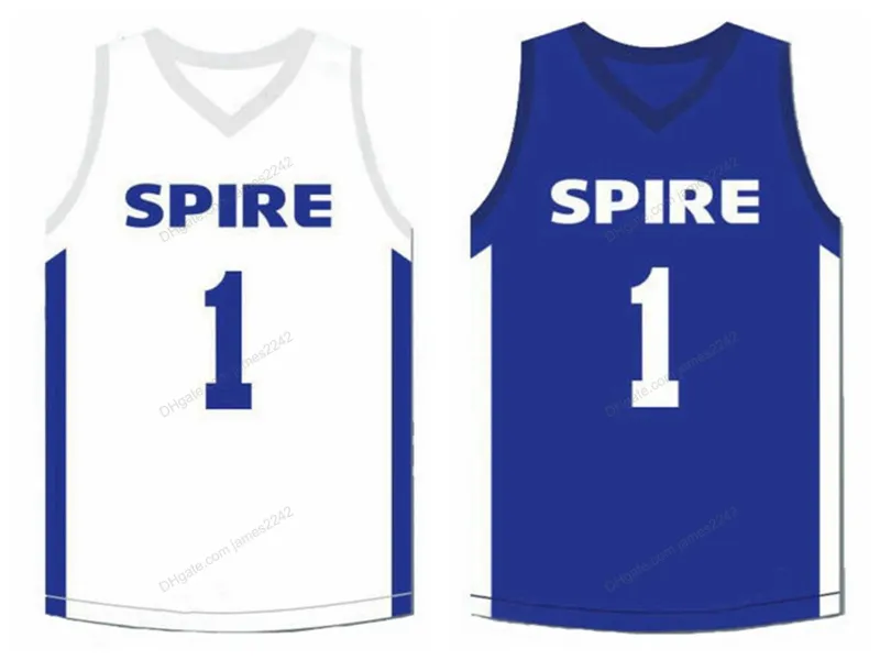 Custom Lamelo Ball # 1 Spire Basketball Jersey Heren gestikte witte blauwe maat S-4XL Elke naam en nummer topkwaliteit