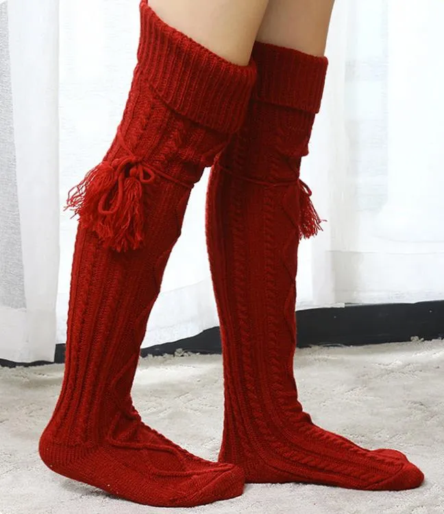 Overknee-Oberschenkelstrümpfe aus Baumwollstrick für Damen und Mädchen, lange Stiefelsocken mit Quaste, Weiß, Schwarz, Grau, Rot