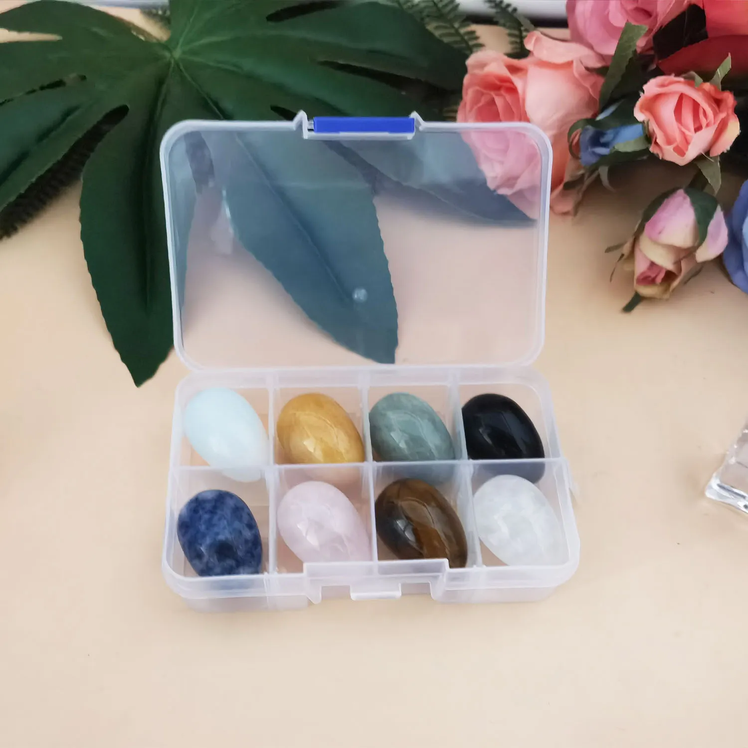 Äggformad kristaller ädelstenar chakra sten helande balansering kit med låda för samlare, kristall reiki healers