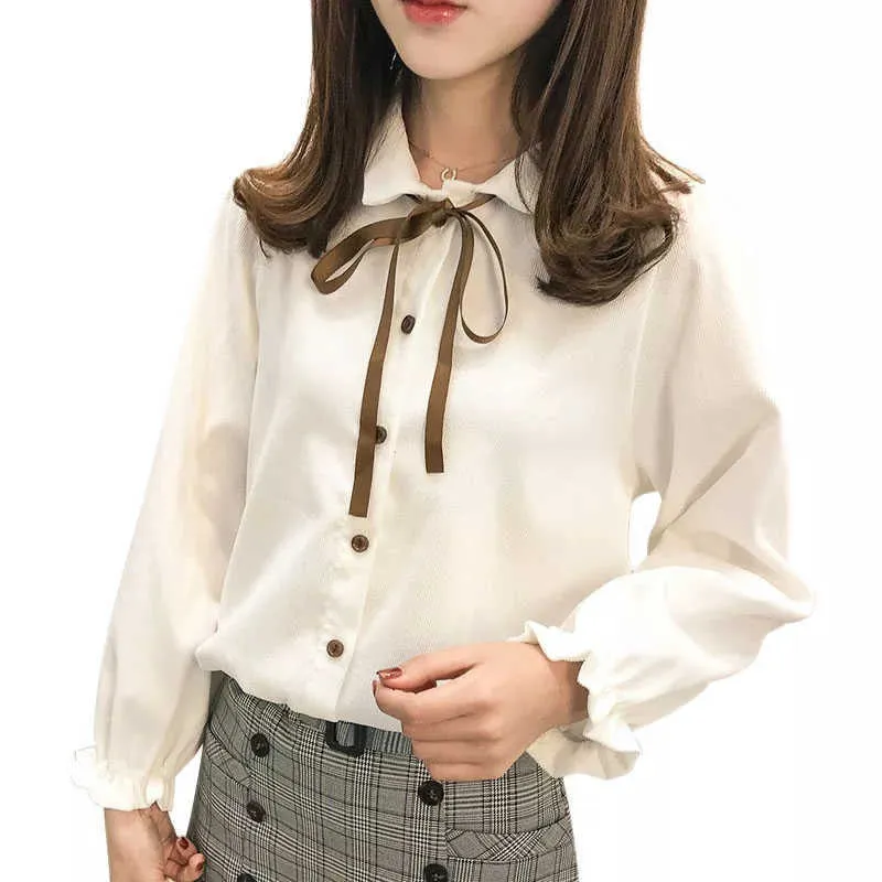 Moda Słodkie Kobiety Bluzka Wiosna Jesień Z Długim Rękawem Damskie Topy Sztruks Bow Tie Casual Odzież Blusas Harajuku DF2387 210609