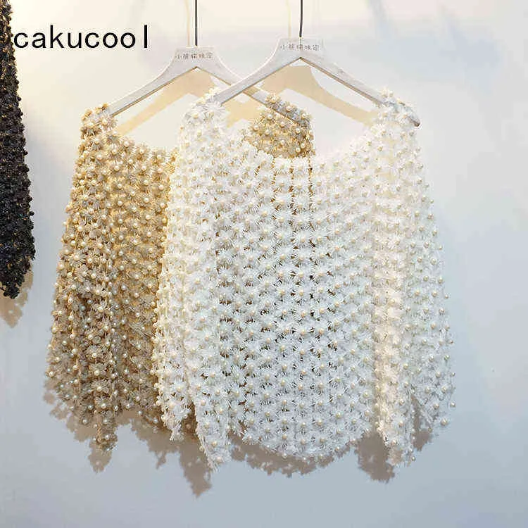 Cakucool Women Luxury Pearl Beading Blouse Gold Lurex Lace Hollow Out Cute Shirt Flare Sleeve Elegant Blusa Pullover Femme H1230