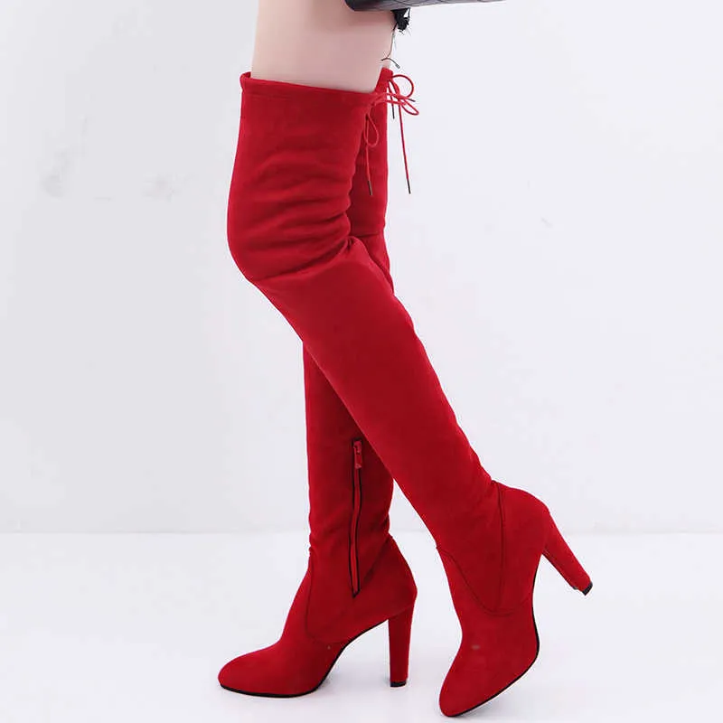 2020 Nya Sexiga Party Boots Fashion Suede Läder Skor Kvinnor över knäklackarna Stövlar Stretch Flock Winter High Botas LH100034 Y0905