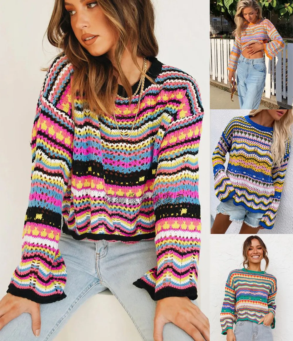 Lyxkläder Kvinnor Designer Tröjor Trendiga Loose Casual Knit Contrast Rainbow Fashionable Hollow Out Long Sleeve Women Clothing