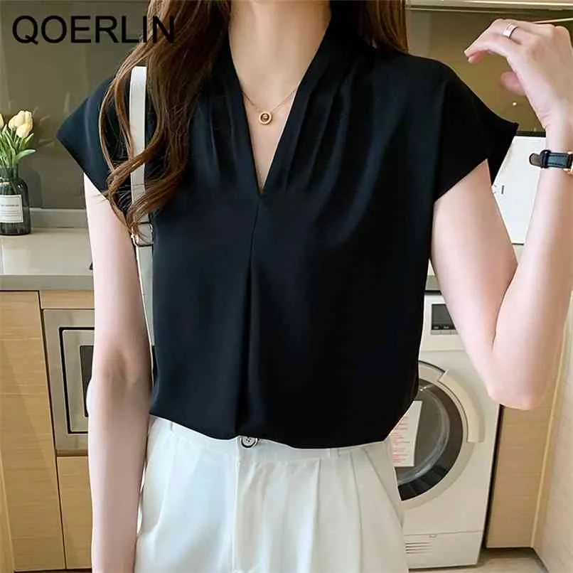 Black White Shirt Female Summer Satin Korean V-neck Blouse Chic OL Style Formal Chiffon Top s Plus Size 210601