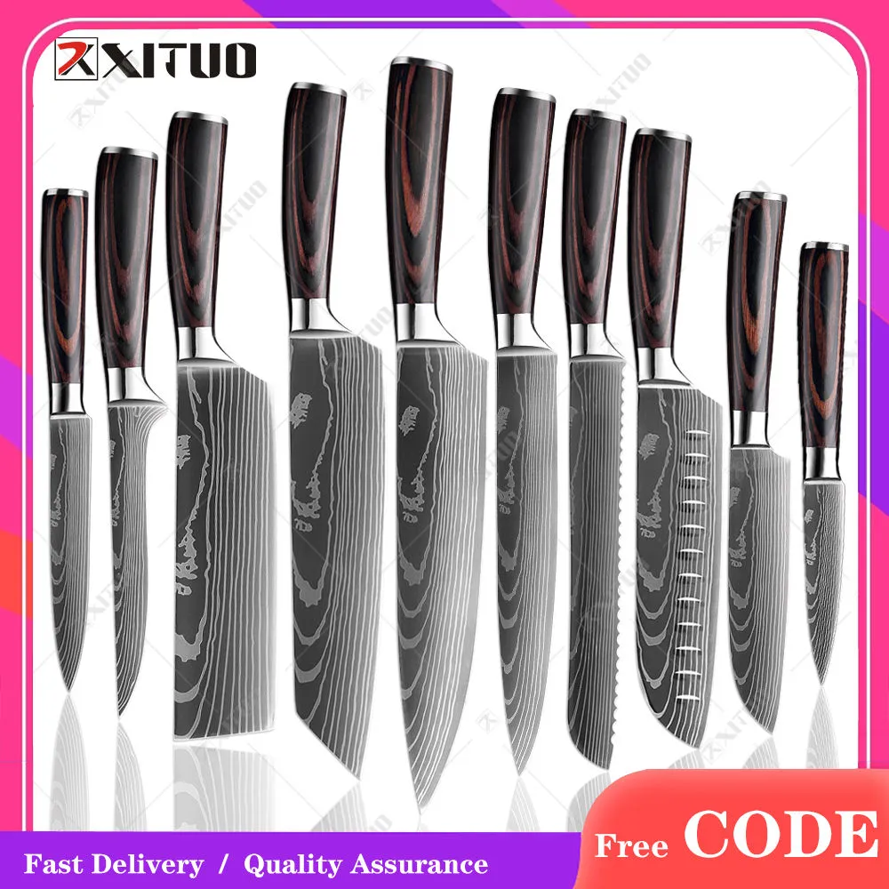 XITUO 요리사 칼 1-10 Pcs 세트 주방 나이프 레이저 다마스커스 패턴 샤프 일본 Santoku Cleaver 슬라이스 유틸리티 나이프