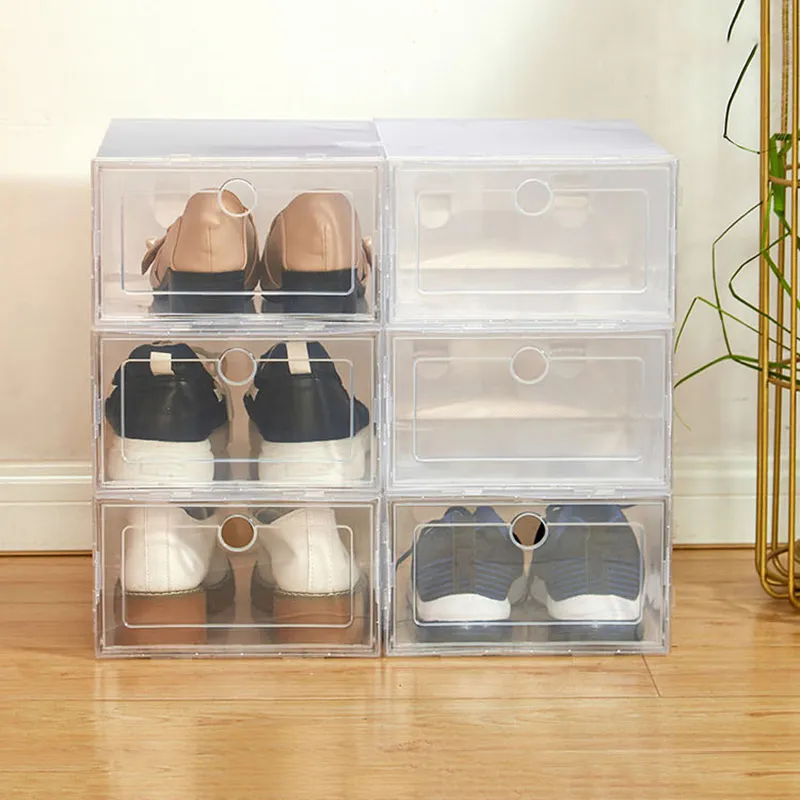 여러 가지 빛깔의 접이식 신발 보관 상자 플라스틱 클리어 홈 신발 랙 주최자 스택 디스플레이 상자 두꺼운 조직 세트