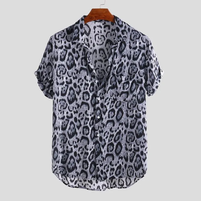 Männer Casual Hemden Männer Leopard Gedruckt Brusttasche Drehen Unten Kragen Kurzarm Lose Täglichen Hemd Camisas Para Hombre Drop2484