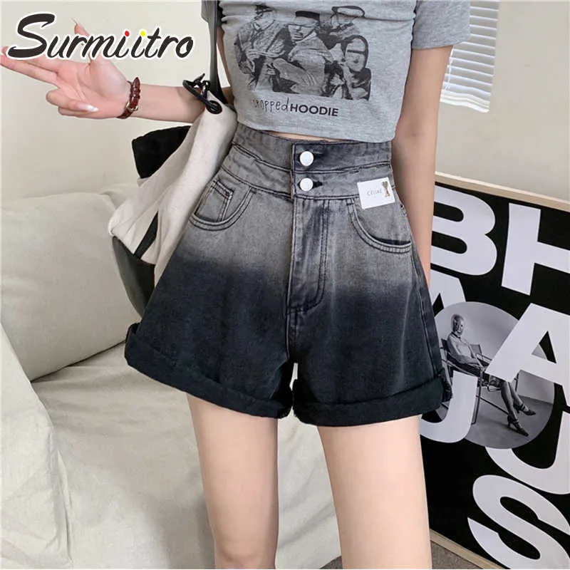 SURMIITRO Summer Fashion Blue Black Gradient Denim Shorts Women Korean Style High Waist Jeans Female Short Pants 210712