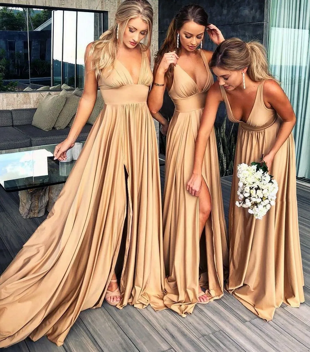 With Side Slit V Neck Bridesmaid Dress Sleeveless Satin Spring Summer Garden Wedding Guest Maid of Honor Gown Custom Made