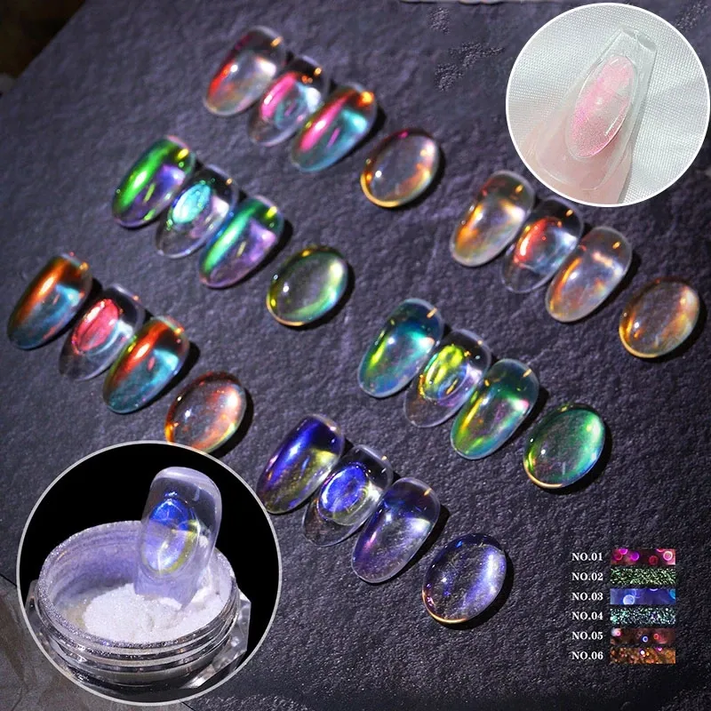 6 couleurs magique Aurora Chrome ongles paillettes glace Muscle miroir poudre néon Holo Transparent Laser ongles décoration