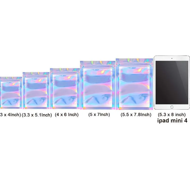 많은 크기의 홀로그램 200 조각 Resealable 냄새 증거 가방 호일 파우치 플랫 레이저 컬러 포장 가방 파티에 대 한 음식 저장