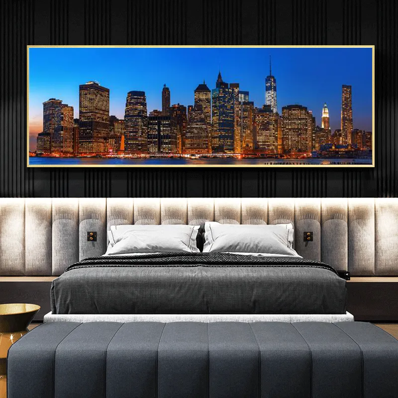 New York City Night Skyline Landscape Paintings Print on Canvas Art Posters and Prints Manhattan View Art Pictures Home Decor