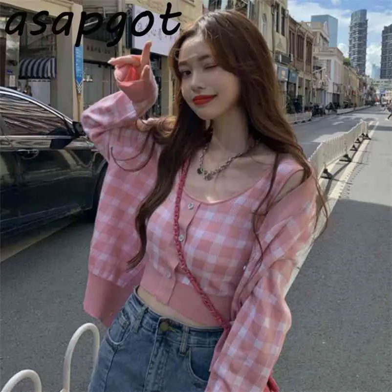 Мода розовый плед кардиганские свитера женские осень свободные длинные рукава топы шикарный корейский дикий камизол 2 части наборы сладкого нежного 210727