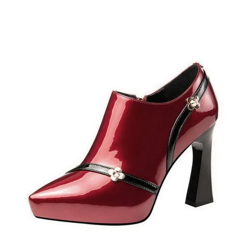 Automne chaussures de mariage femme talons hauts femmes pompes en cuir verni chaussure talon épais mode bout pointu profond vin-rouge Beige