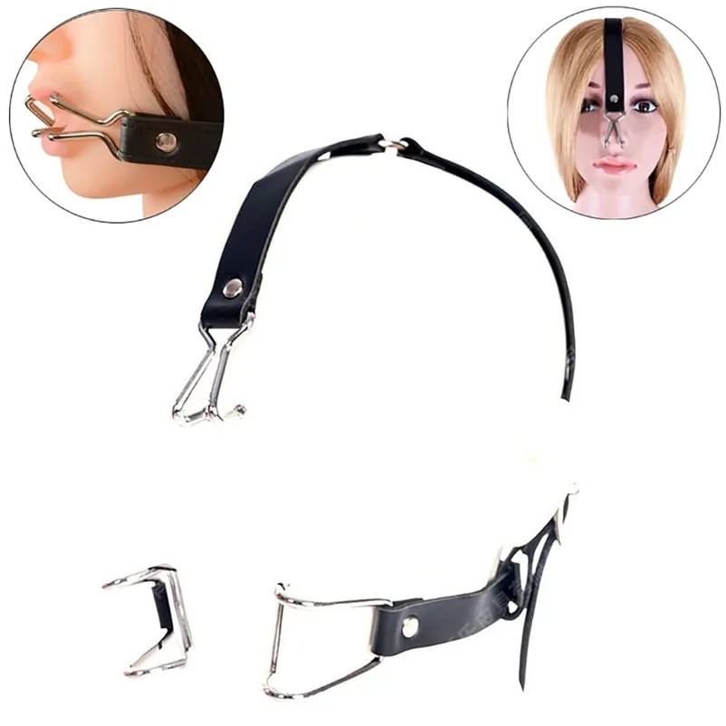Gag bocca aperta con gancio nasale in metallo bdsm e cinghie_voghion.com