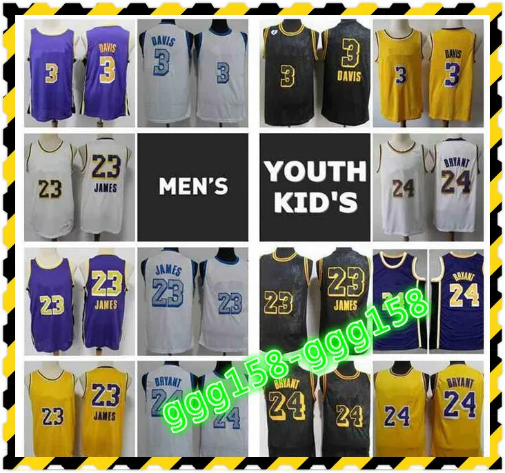 Mens Youth Kids City 2021 Editie Wit Zwart Basketbal Jerseys Los Angele 23 Anthony 3 Davis Mamba James Stitched Jersey met echte tag