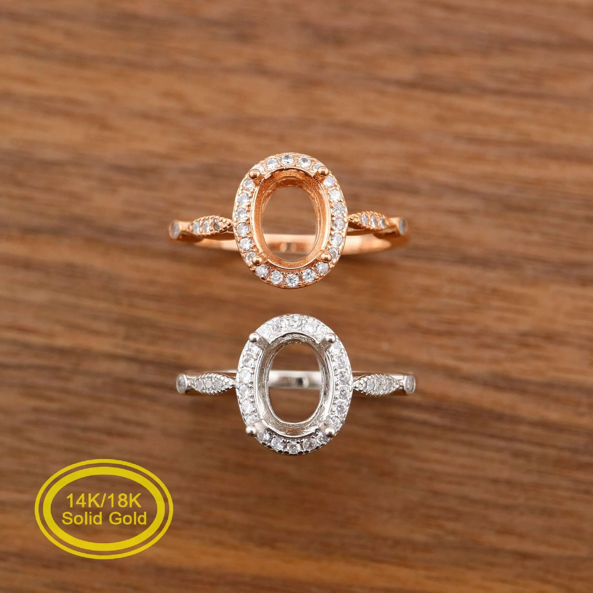 Oval Prong Ring Inställningar Solid 14K / 18K Rose Vit Guld med Moissanit Accents DIY Vintage Style Bezel Tray Gemstone 1224057