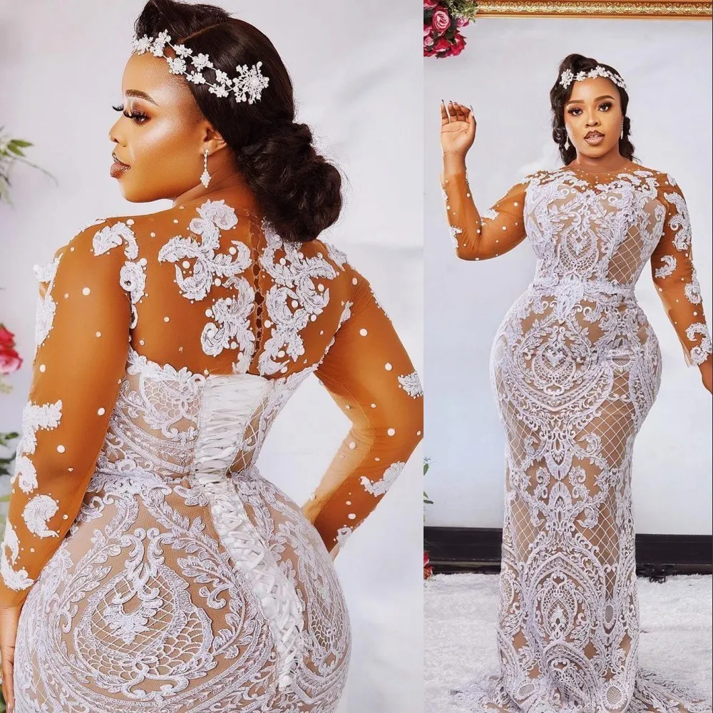 2021 Aso Ebi Champagne Sirena Vaina Vestidos de novia Vestidos de novia Joya Cuello Manga larga Apliques de encaje blanco Cuentas Corsé Volver robe de mari￩e