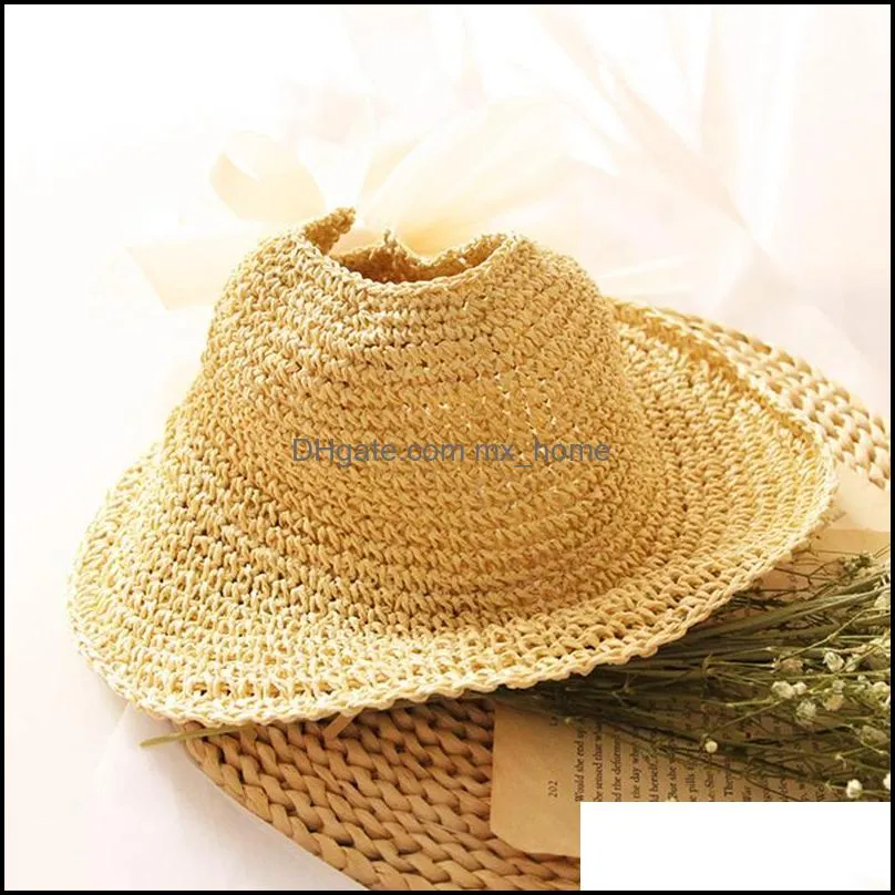 Summer Sun Hats Fashion Girl Straw Hat Ribbon Bow Beach Casual Flat Top Panama Caps &