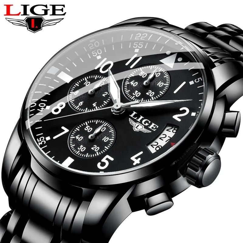 Armbandsur Lige Business Mens Watches Top Luxury Chronograph Quartz Watch Men Black rostfritt stål Vattentät datumklocka Relogio Masculin