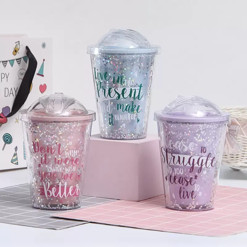 Summer Ice Cup Bouteille d'eau bleu rose violet avec couvercle et pailles 600 ml Verres à eau en plein air CG001