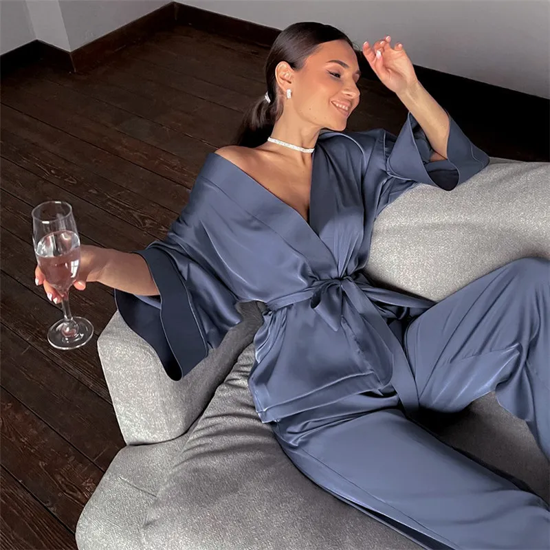 Sexy Cardigan Lace Up Nightgown Set Home Doek Autumn Satin Lange Mouwen Losse Broek Lady Sleep Robe Pyjama Suit