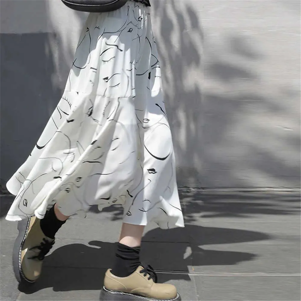 Elastic High Waist White Pattern Printed Long Temperament Half-Body Skirt Women Fashion Spring Summer Korean Office Ladies 210619