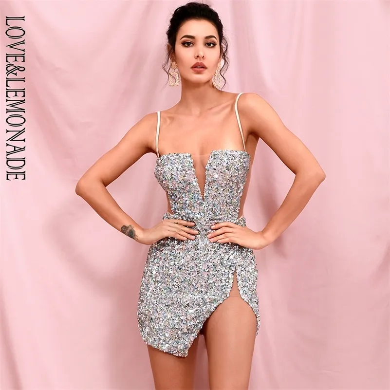 Amor limonada sexy tubo top prata cortado lantejoulas estendas festa bodycon mini vestido lm82289 210309