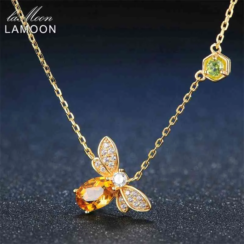 LAMOON Bee 925 Sterling Silver Necklace Natural Citrine Gemstone Necklaces 14K Real Gold Plated Chain Pendant Jewelry LMNI015