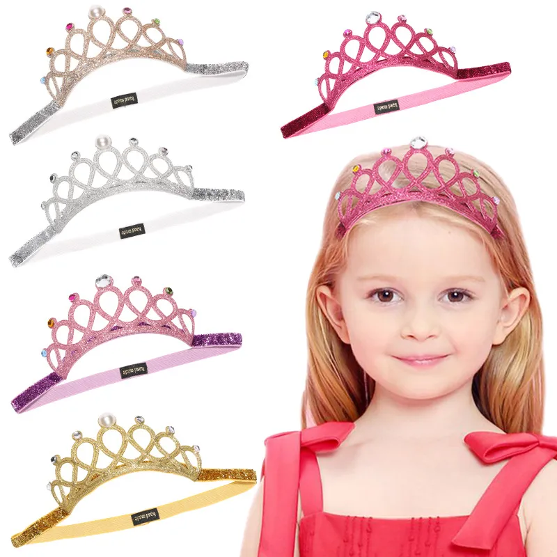 Baby Crown Headbands Princess Tiara Pearl Star Headband Birthday Wears Girls Kids Sparkle Elastic Hairbands Rhinestone Luxury Headwear Kha635