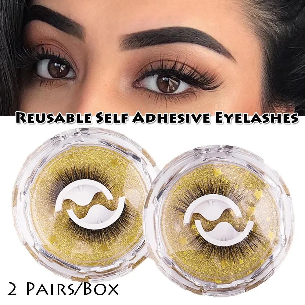 2 Pair Reusable Self Adhesive Eyelashes Without Glue Self-adhesive False Lashes with Crystal Box 3D Natural Look Fake Eyelash