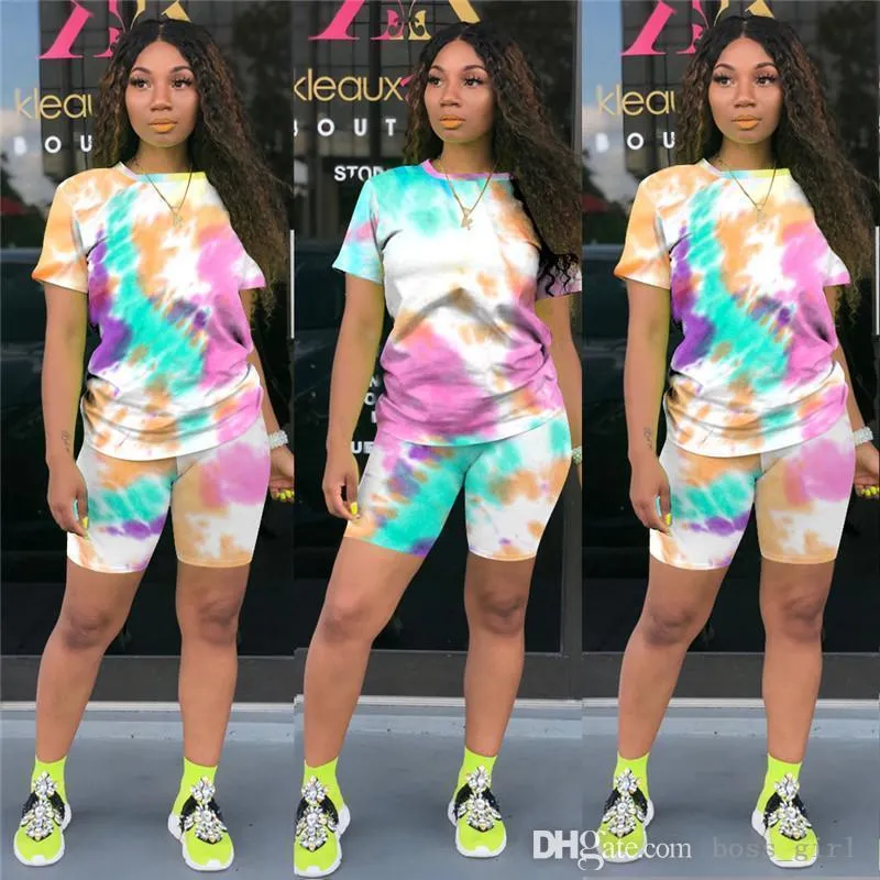 Women lip print Tracksuit tie dye two piece set short sleeve tee-shirt+mini shorts casual outfits summer clothing sports jogger suit 3190