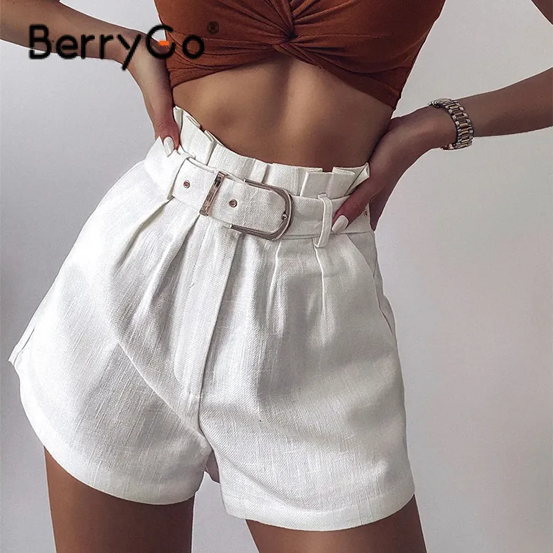 BerryGo Blanc coton taille haute femmes shorts été ceinture à volants femmes bas courts Mode pantalons courts streetwear Shorts 2021 210301