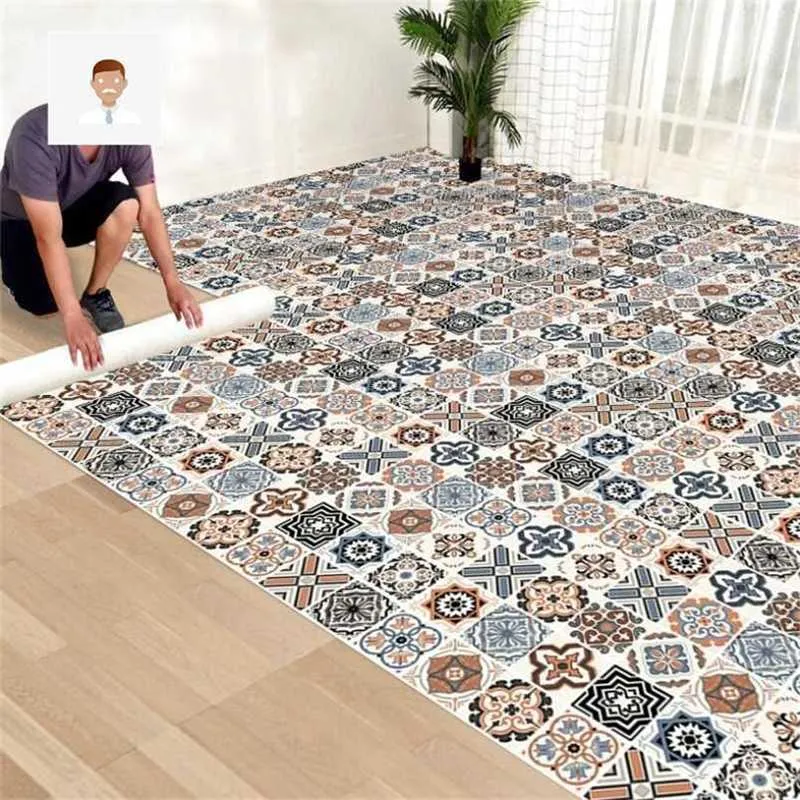 Thicken Floor Sticker Kitchen Oil-Proof Self-Adhesive Bathroom Floor Ground Wall Tiles Ren wear-resistant PVC Stickers 211124