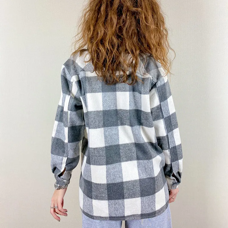 Chic Grey Plaid Pocket Plaid Shirts For Women For Women