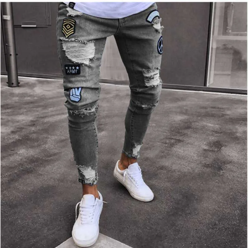 Stylish Mens Ripped Jeans With Badge Letters Hip Hop Biker Skinny