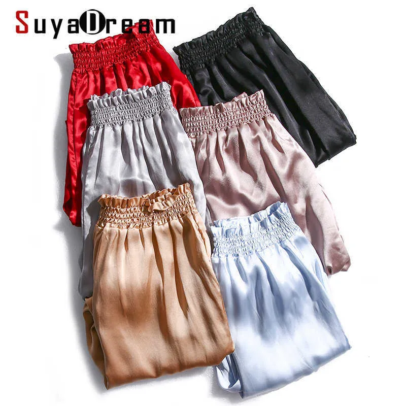SUYADREAM Women Pants 100%Real Silk Satin Solid Elegant Pants OL Ankle-Length Pants Office Lady Spring Summer 210603