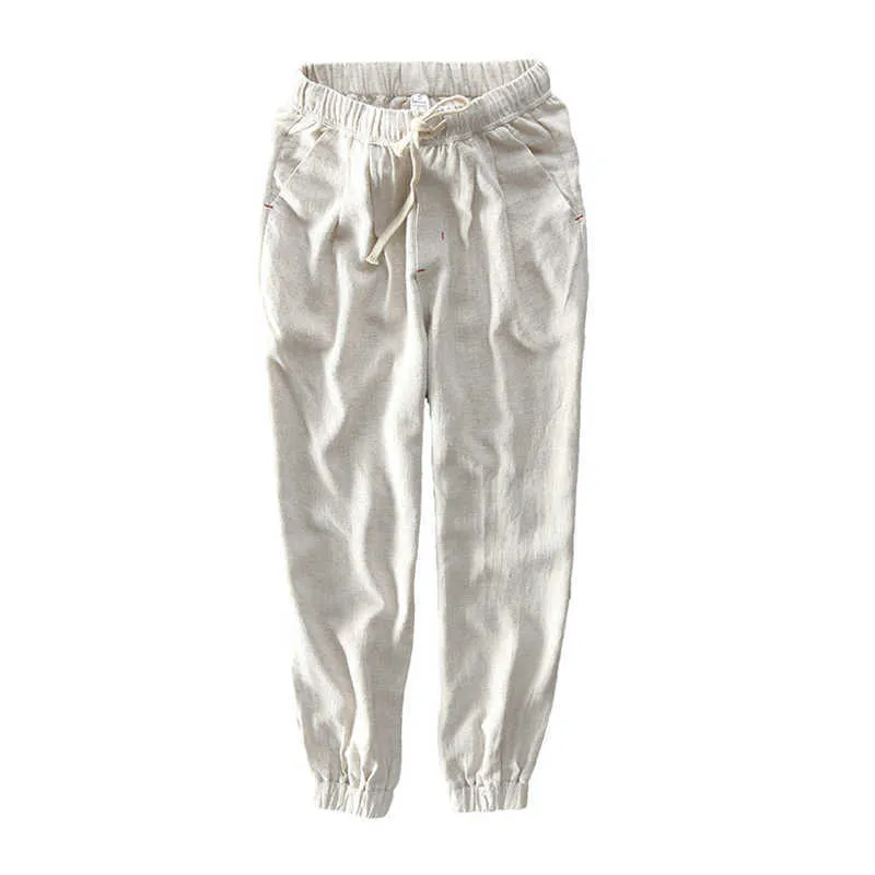 Men Casual Harem Pants Summer Natural Cotton Linen Loose Trousers White Elastic Waist Drawstring Ankle-Length Pants 210601