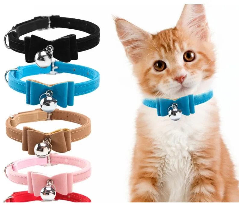 Kattkattunge krage Säkerhet Elastisk Bowtie Bell Velvet Bow Slips Liten husdjurskedja för husdjursprodukter