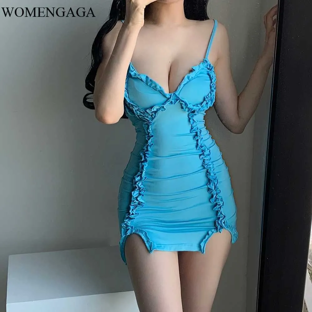 Sommer Sexy Blaue Spitze Big V-Ausschnitt Schultergurt Tank Mantel Mini Mädchen Weibliches Kleid Mode Damen NGAE 210603