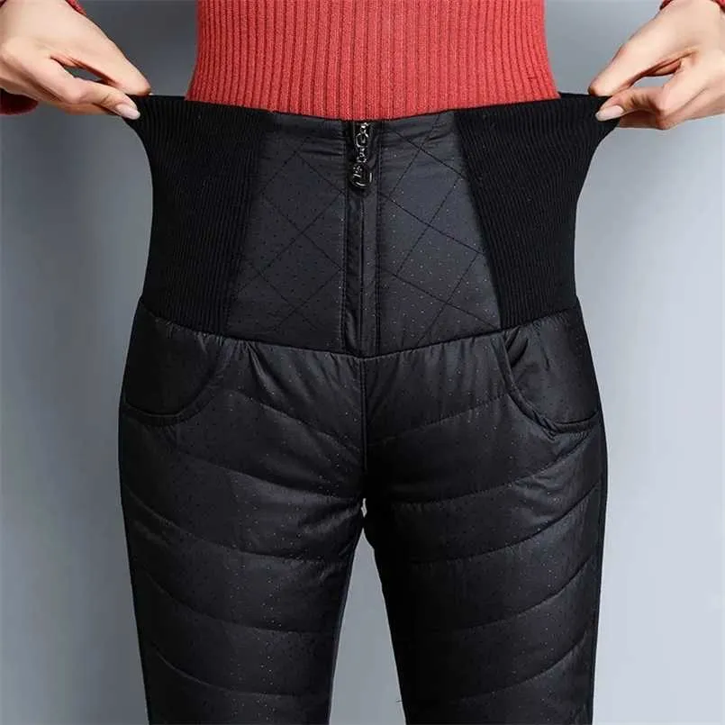 Winter Elastische Taille Unten Hosen Frauen Schnee Tragen Weiße Ente Unten Outdoor Leggings Elegante Dünne Dicke Warme Stretch Hosen 211105