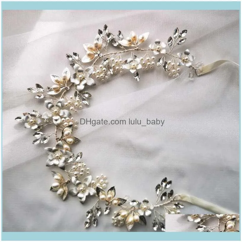 Jewelrygold Sier Renk Çiçek Gelin Baş Bandı Saç Taç Tatlı Su İncileri Düğün Takı El Yapımı Kadın Taç Damla Teslimat 2021 W9nha