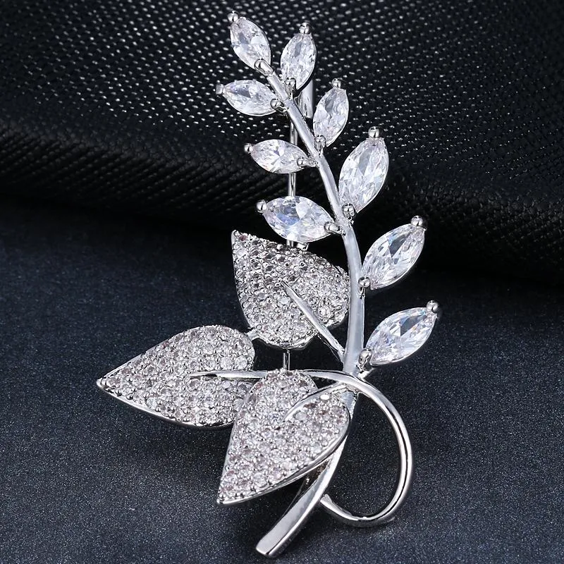 Pins, Brooches EmmayaLeaf Shape Luxury Handmade White Gold/Rose Gold Jewelry Cubic Zircon Brooch For Women Wedding