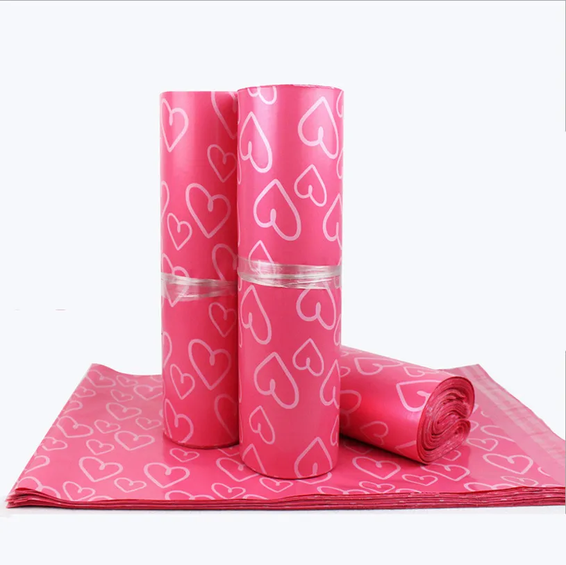 Lote de 100 pçs Rosa Poly PE Mailer Express Bag 28 42cm Mail Bags love heart Envelope Self-Seal Plastic bags for yxy01572090